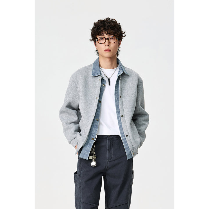 Unisex Layered Look Boxy Blouson with integrated Denim Collar and Snap Button Placket Mune Fashion