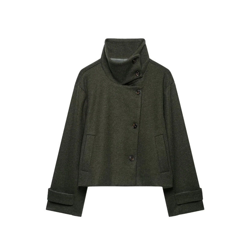 Women's Cropped Wool Blend Short Jacket with High Stand Collar, Asymmetric Button Placket and Cuffed Sleeves Mune Fashion