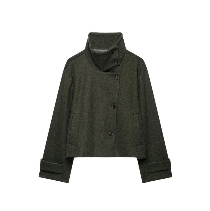 Women's Cropped Wool Blend Short Jacket with High Stand Collar, Asymmetric Button Placket and Cuffed Sleeves Mune Fashion