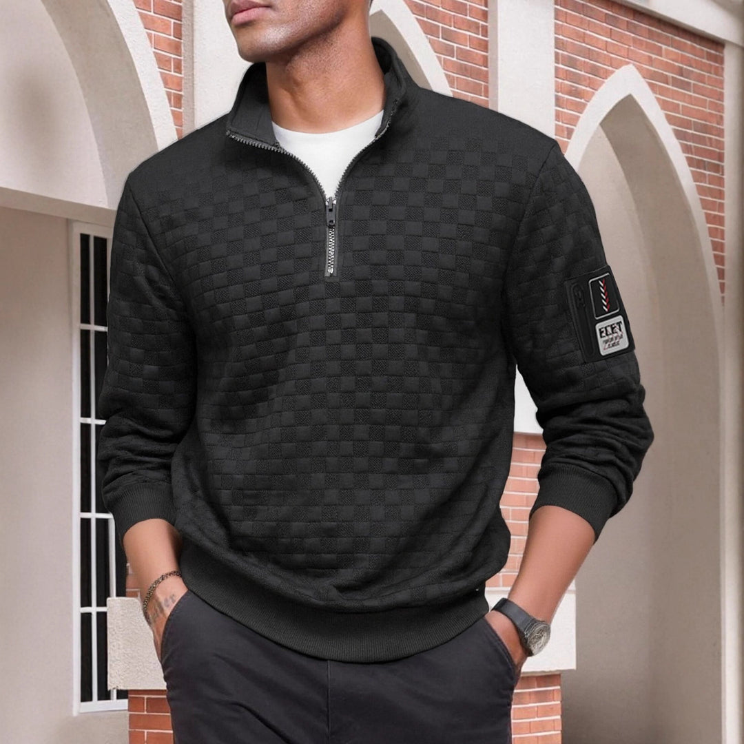 Men's structured stand-up collar half-zip sweater with check quilting, elastic cuffs and sleeve patch Mune Fashion