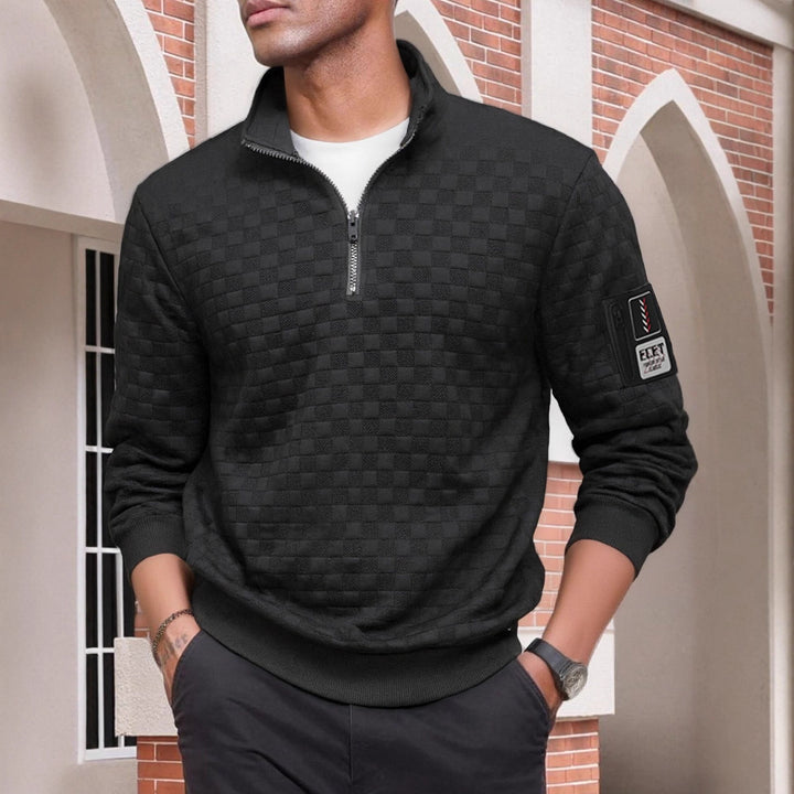 Men's structured stand-up collar half-zip sweater with check quilting, elastic cuffs and sleeve patch Mune Fashion