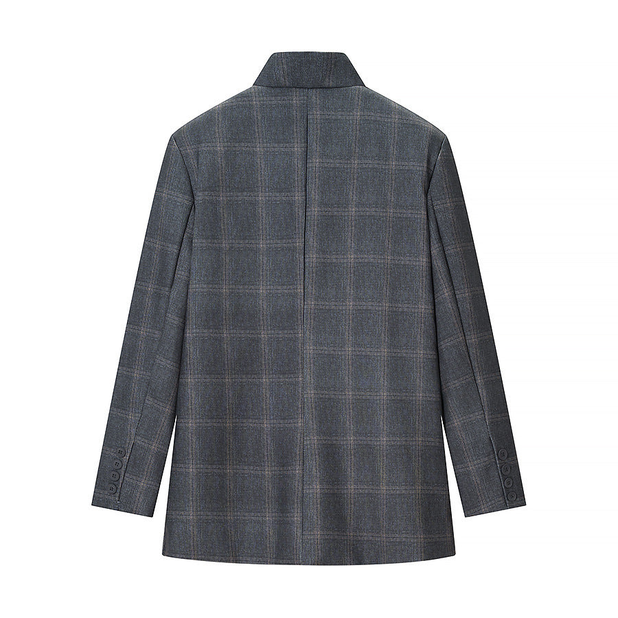 Men's Checked Stand Collar Blazer with Asymmetrical Button Placket and Patching Pockets Mune Fashion