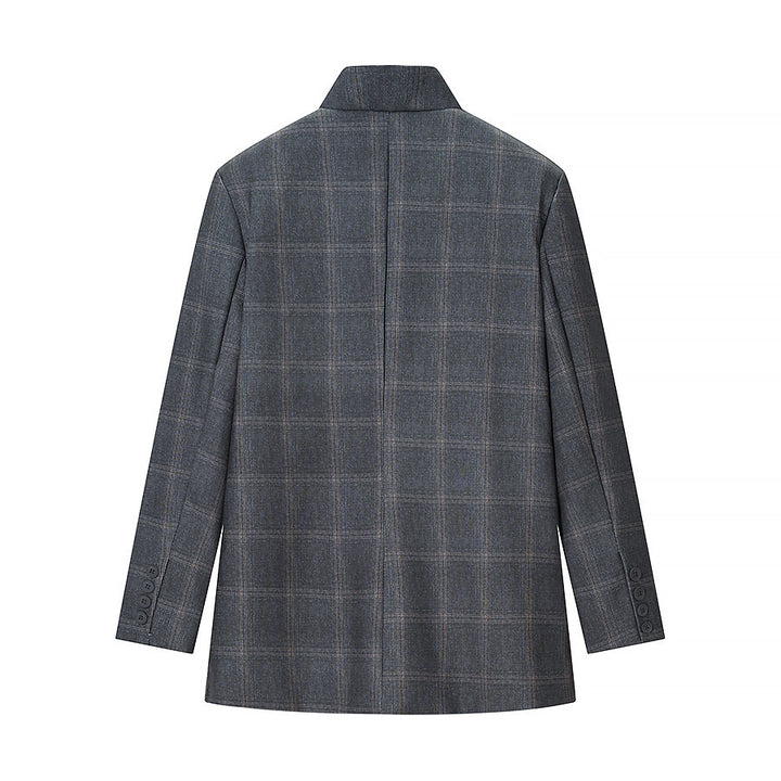 Men's Checked Stand Collar Blazer with Asymmetrical Button Placket and Patching Pockets Mune Fashion