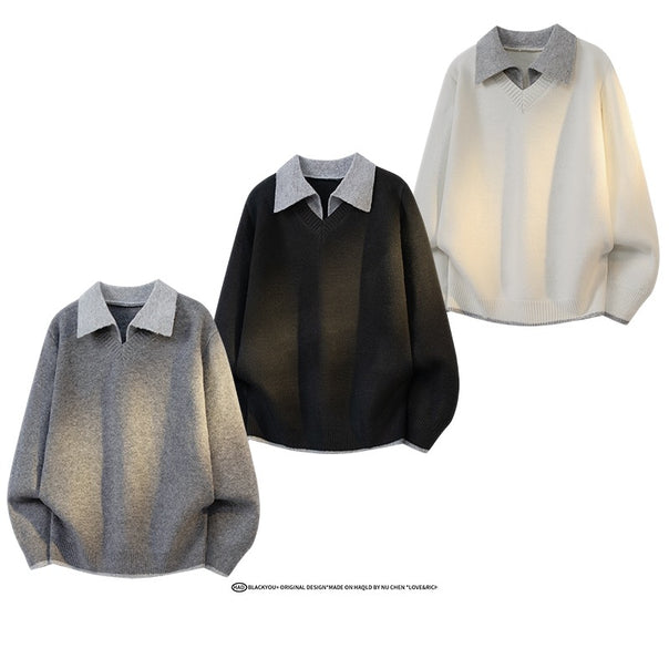 Unisex Oversize Knit Sweater with Contrast Polo Collar and V-Neck Mune Fashion