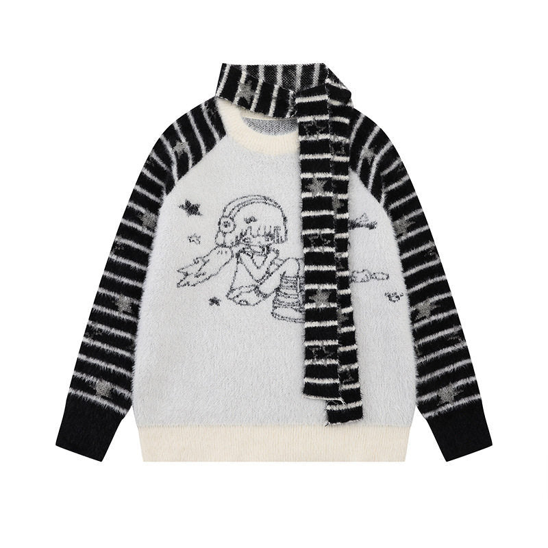 Women Soft Fluffy Knit Sweater with Integrated Tube Scarf and Manga Illustration Mune Fashion