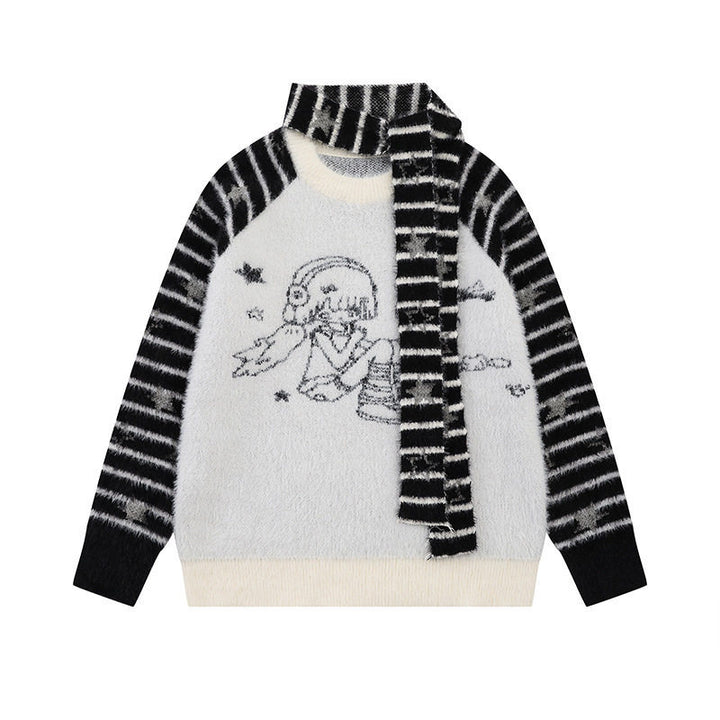 Women Soft Fluffy Knit Sweater with Integrated Tube Scarf and Manga Illustration Mune Fashion