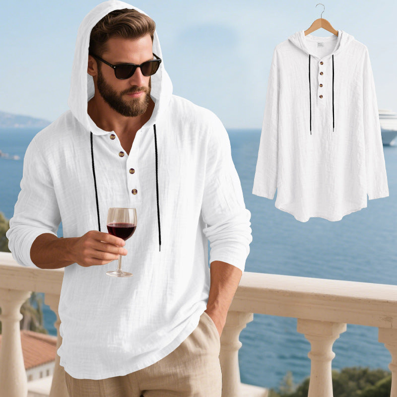 Men's casual hooded Henley shirt in linen look with continuous button placket and relaxed fit Mune Fashion