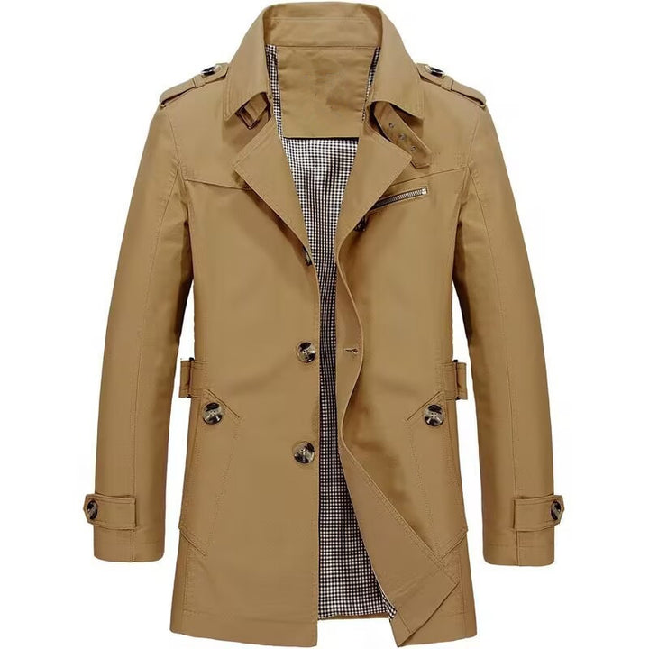 Men's Double-breasted Trench Coat with Epaulettes and Checked Inside Mune Fashion