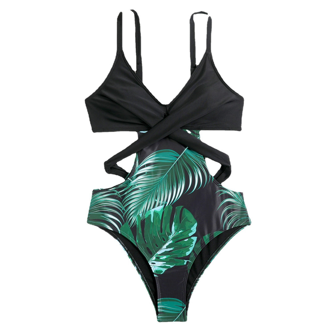 Women's one-piece swimsuit with fashionable cut-out and tropical leaf pattern Mune Fashion