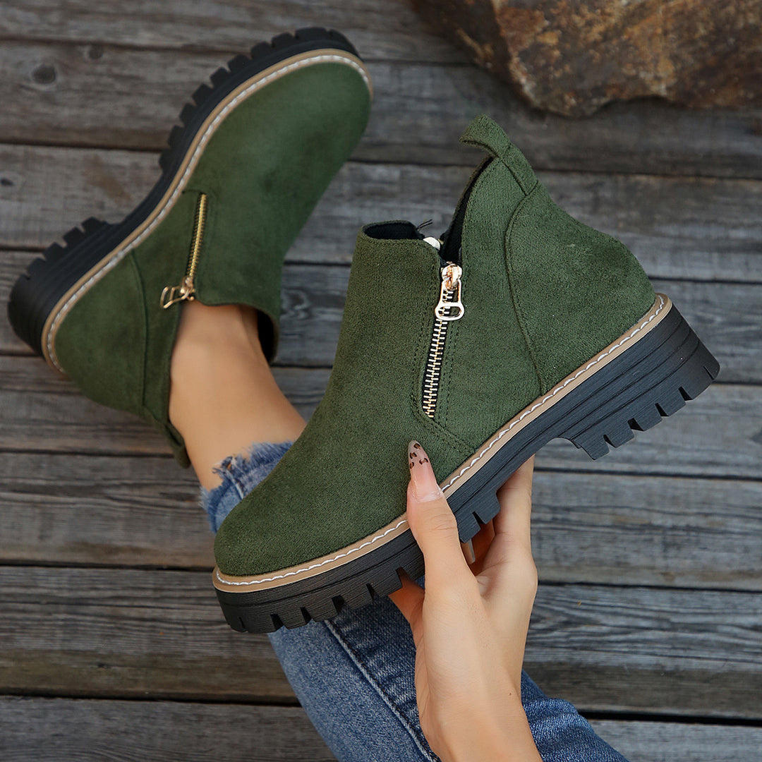 Women nan suede ankle boots with sturdy tread sole and side zipper Mune Fashion