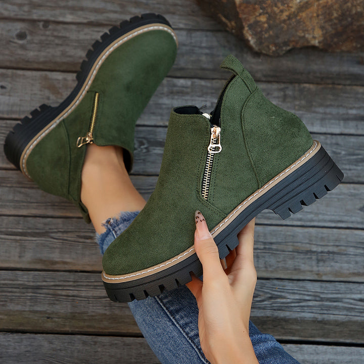 Women nan suede ankle boots with sturdy tread sole and side zipper Mune Fashion