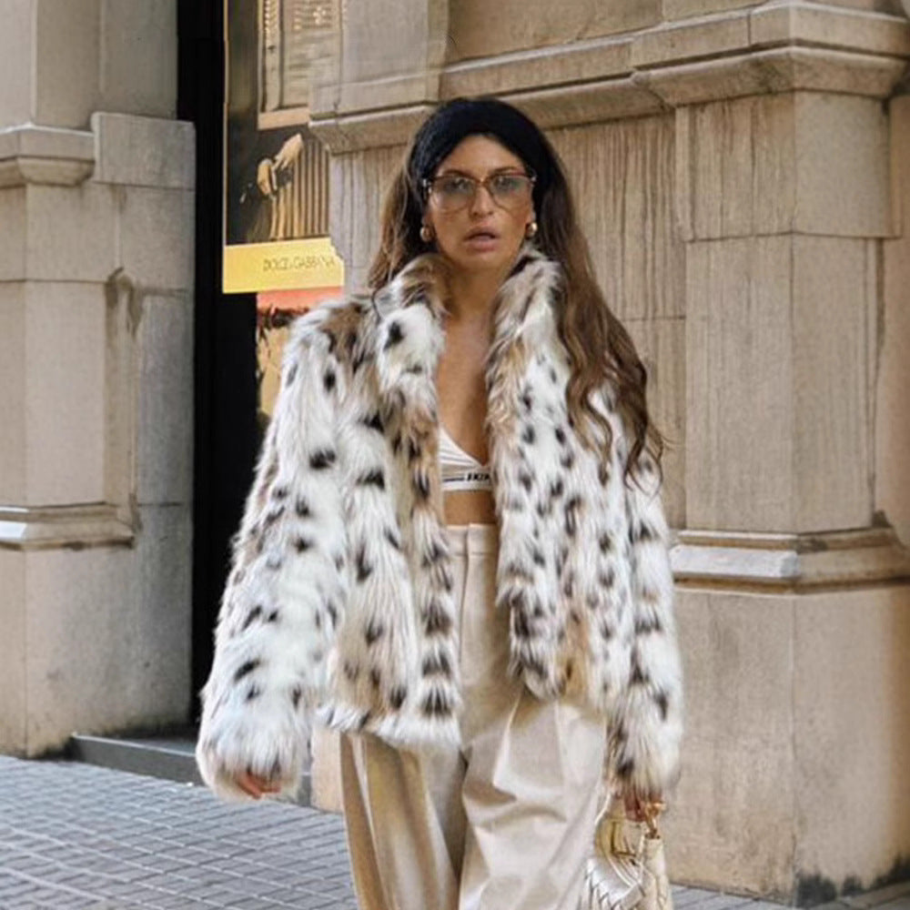 Women Cropped Faux Fur Jacket in Spot Pattern with Boxy Silhouette and Extra Soft High Pile Mune Fashion