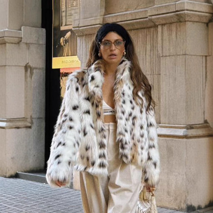 Women Cropped Faux Fur Jacket in Spot Pattern with Boxy Silhouette and Extra Soft High Pile Mune Fashion