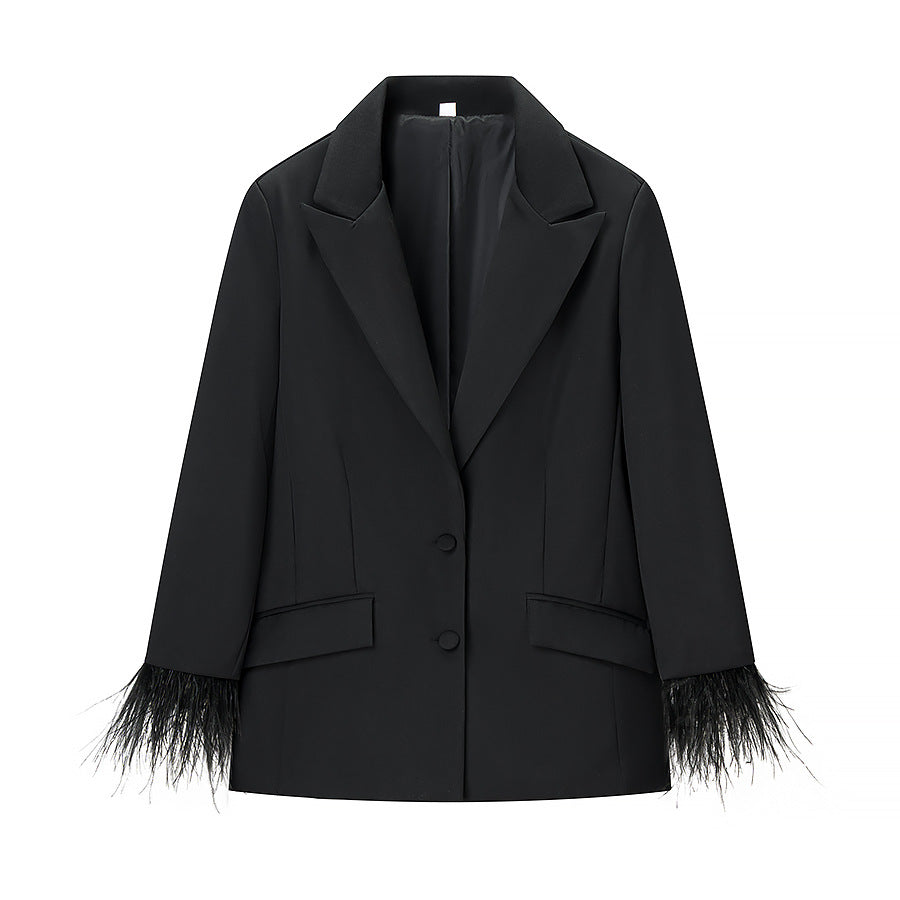 Women Stylish tailored blazer pantsuit with feather trim on cuffs Mune Fashion