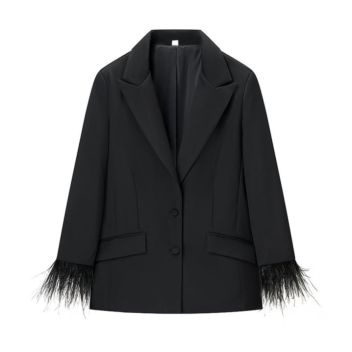 Women Stylish tailored blazer pantsuit with feather trim on cuffs Mune Fashion