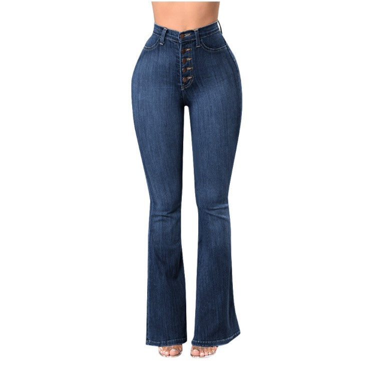 Women's high-waisted bootcut jeans with visible button placket, figure-flattering stretch, and slim thigh Mune Fashion