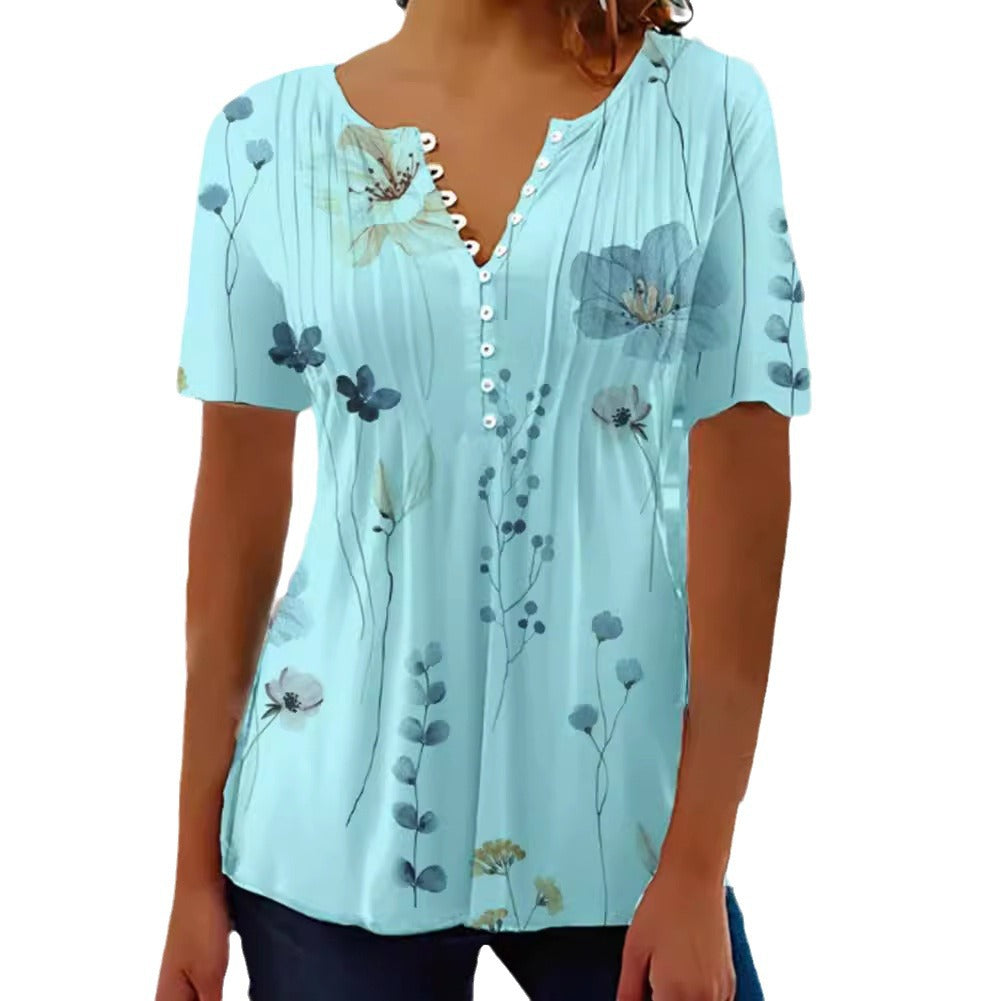 Women nan lightweight viscose tunic with decorative tuck pleats, half button placket and watercolor flower print Mune Fashion