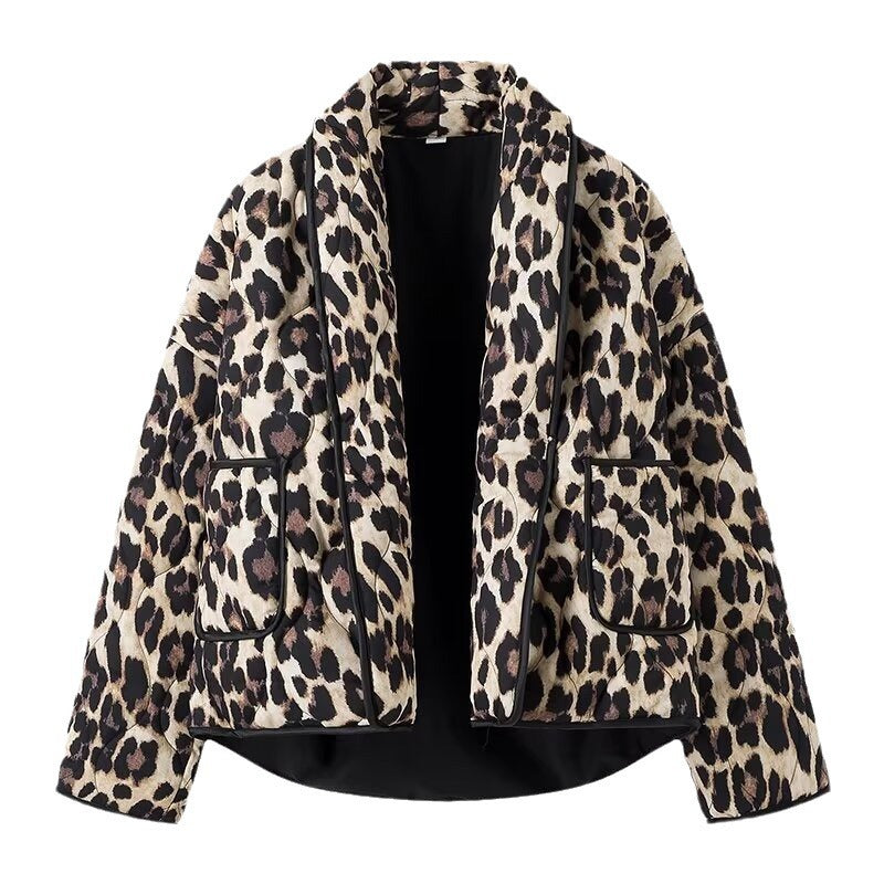 Women's Lined Short Jacket in Leopard Print with Shawl Collar and Piping Mune Fashion