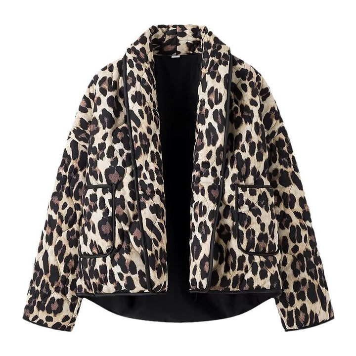 Women's Lined Short Jacket in Leopard Print with Shawl Collar and Piping Mune Fashion