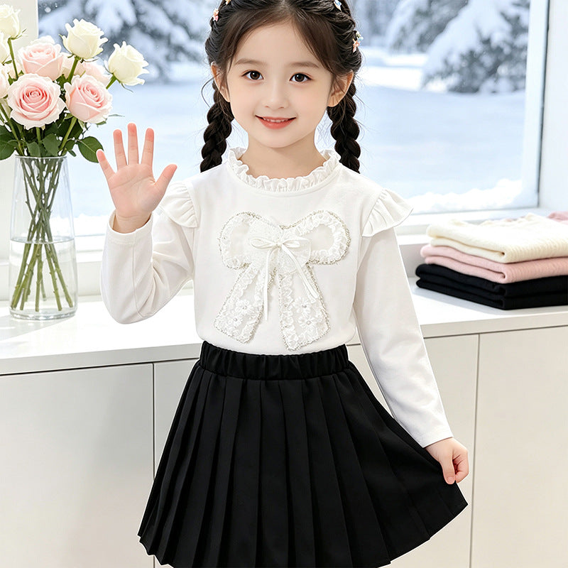 Girl Long Sleeve Shirt with Romantic Ruffle Design and Decorative Bow Motif Mune Fashion
