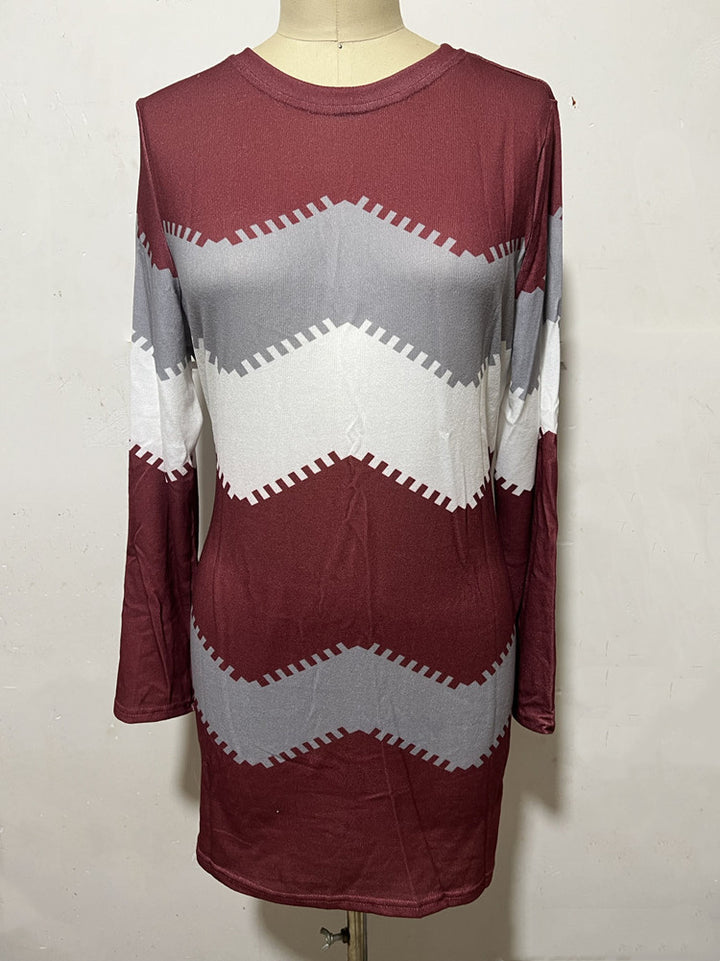 Women's long sleeve knit dress with chevron pattern, straight hem, and body-flattering fit Mune Fashion