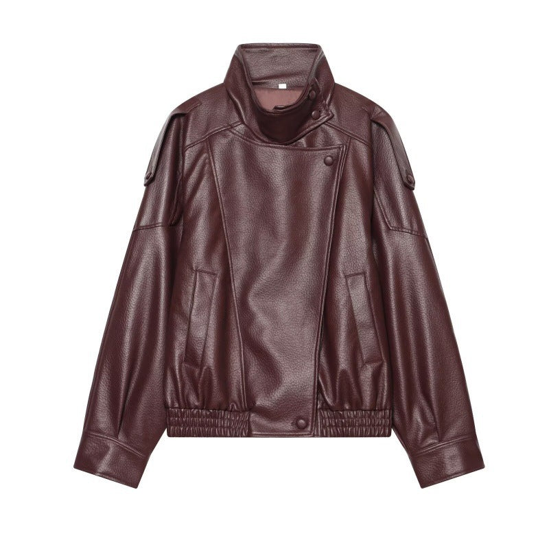 Women Faux Leather Bomber Jacket with High Stand Collar, Asymmetrical Closure and Elastic Hem Mune Fashion