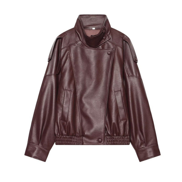 Women Faux Leather Bomber Jacket with High Stand Collar, Asymmetrical Closure and Elastic Hem Mune Fashion