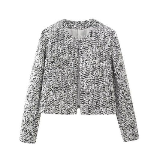 Women’s non-padded boucle short jacket with sequin embellishment, round neckline and open front Mune Fashion