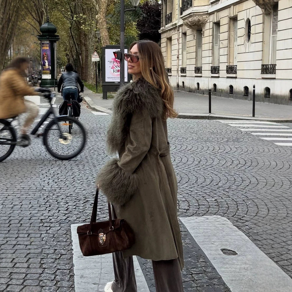 Women's Midi Length Tied Coat in Suede Look with Oversized Fur Collar and Voluminous Fur Cuffs Mune Fashion