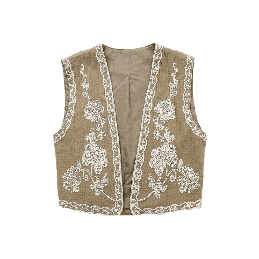 Women's Sleeveless Linen Vest with Floral Relief Embroidery and Open Front Mune Fashion