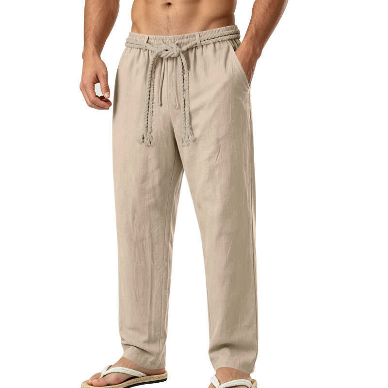 Men's Casual Linen Lounge Pants with Elastic Waistband, Decorative Rope Belt and Side Pockets Mune Fashion