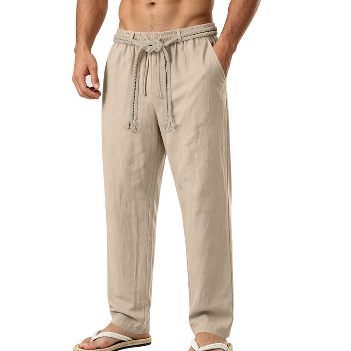 Men's Casual Linen Lounge Pants with Elastic Waistband, Decorative Rope Belt and Side Pockets Mune Fashion