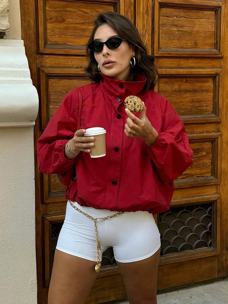 Women's Oversize Short Bomber Jacket with High Stand Collar, Concealed Snap Button Placket and Drawstring Hem Mune Fashion