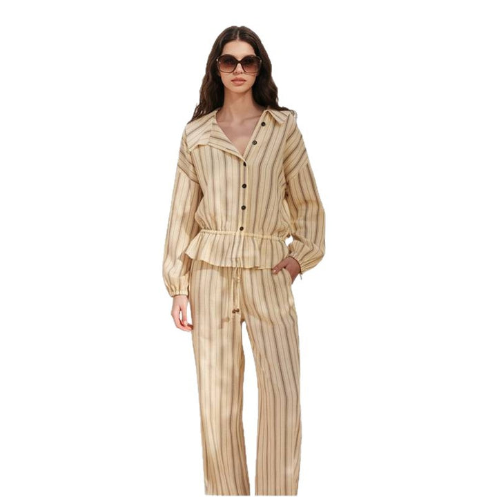 Women Striped Two-Piece Loungewear Set with Oversized Shirt Jacket and Drawstring Pants Mune Fashion