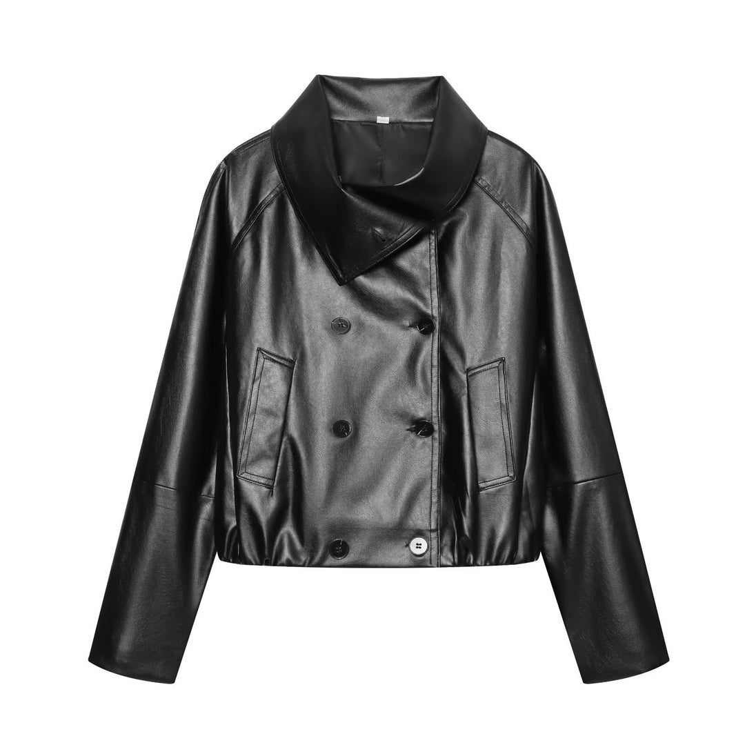 Women's Cropped Faux Leather Jacket with Wide Funnel Collar and Double-Breasted Button Placket Mune Fashion