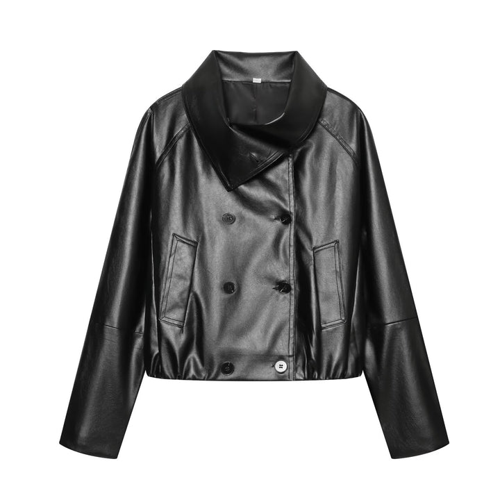 Women's Cropped Faux Leather Jacket with Wide Funnel Collar and Double-Breasted Button Placket Mune Fashion