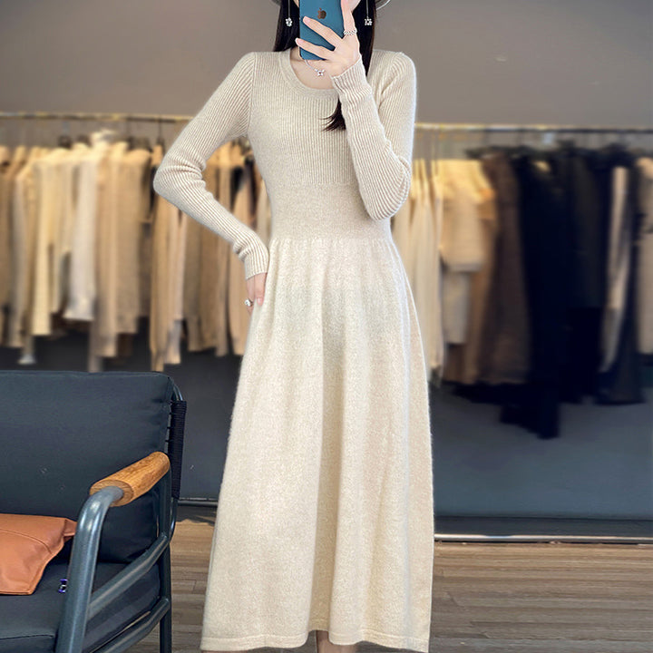 Women's Long Sleeve Midi Dress Made of Fine Knit with Tailored A-Line Silhouette Mune Fashion