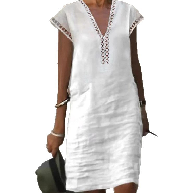 Women nan lightweight linen midi dress with V-neck and crocheted lace trim Mune Fashion