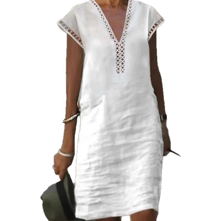 Women nan lightweight linen midi dress with V-neck and crocheted lace trim Mune Fashion