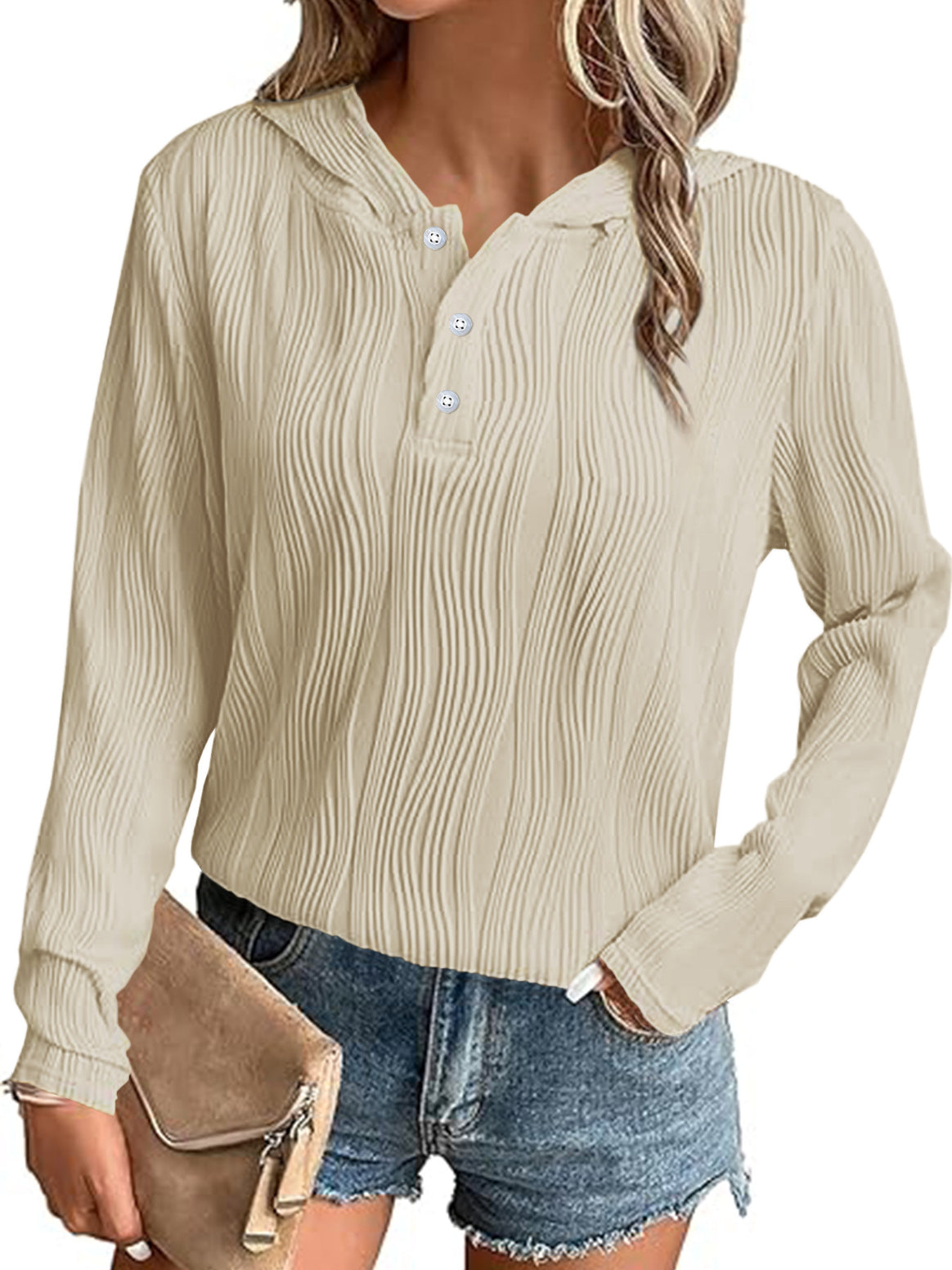 Women's Ribbed Hooded Henley Shirt with Button Placket and Light Texture Mune Fashion
