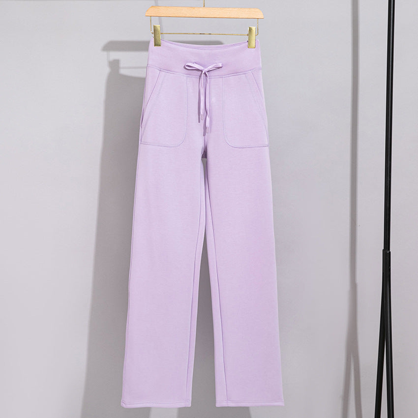 Women's Wide Cotton Terry Lounge Pants with High Waist and Drawstring Mune Fashion