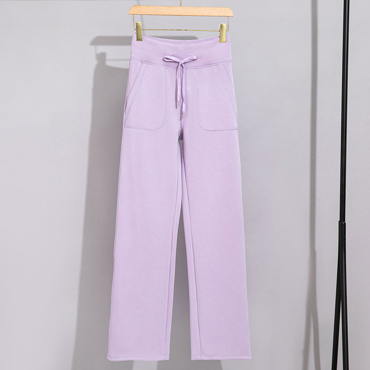 Women's Wide Cotton Terry Lounge Pants with High Waist and Drawstring Mune Fashion
