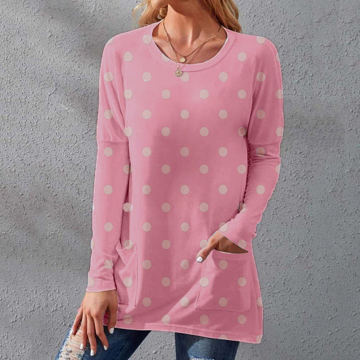 Women's long sleeve tunic with polka dot print and patch pockets Mune Fashion