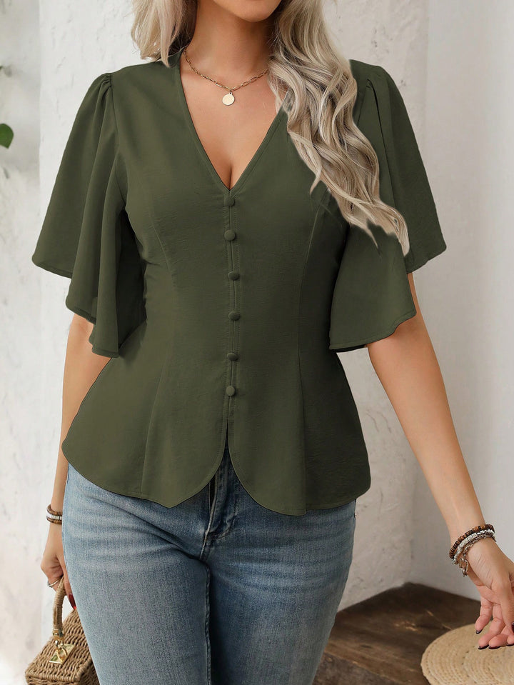 Ladies V-neck tailored blouse with peplum and flounce sleeves Mune Fashion