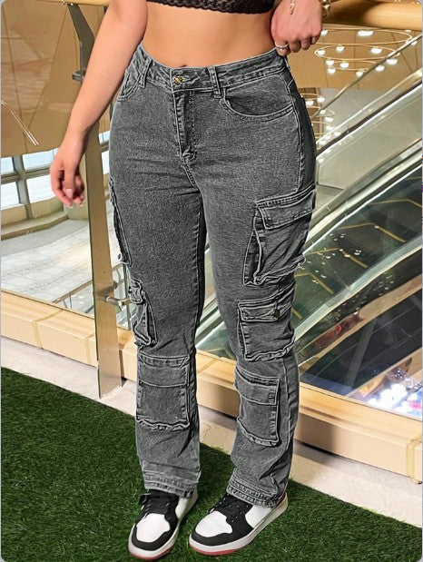 Women’s cargo denim pants with multiple flap pockets, knee panels, and high-waisted fit Mune Fashion