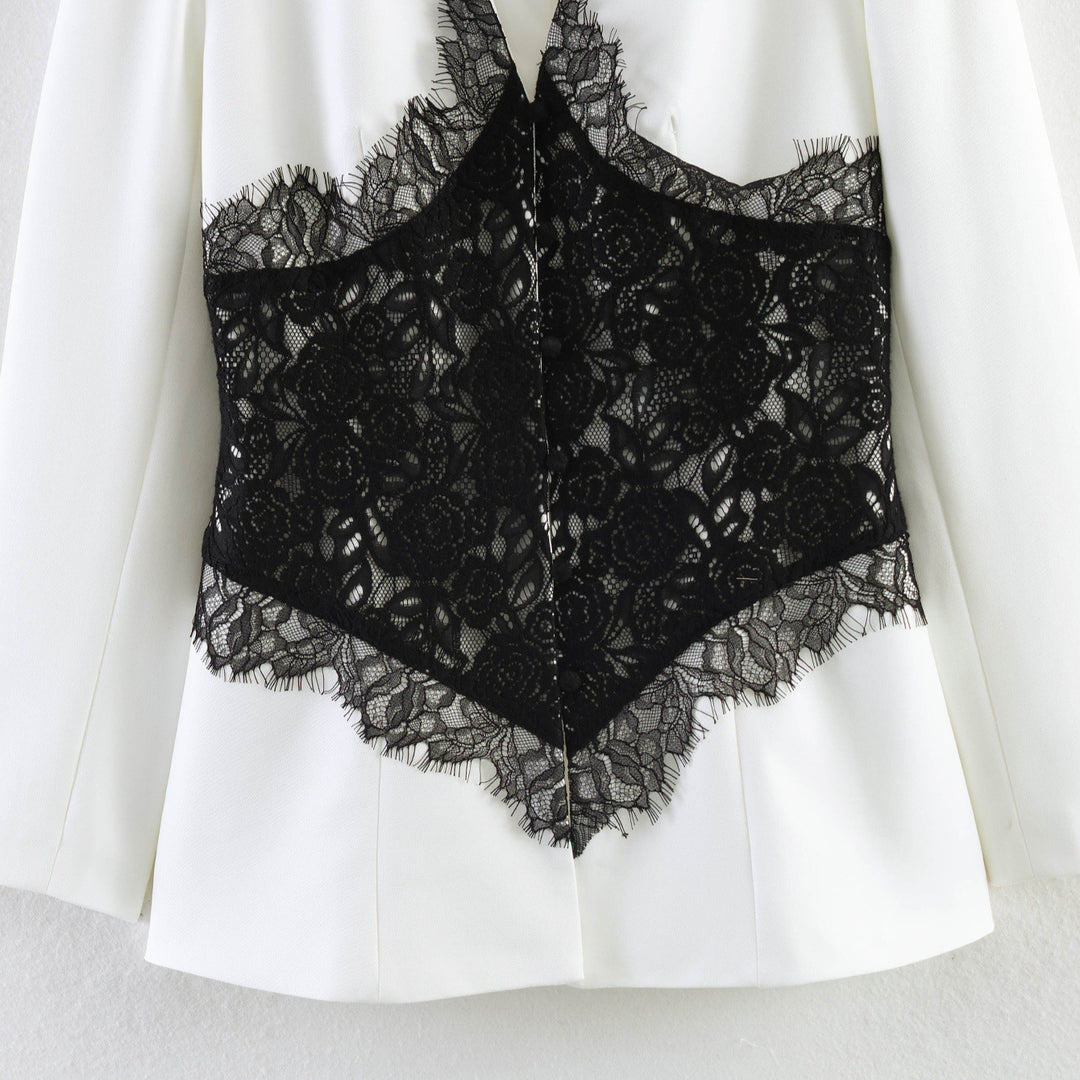 Ladies Tailored Blazer with Floral Lace Application and V-Neck Dress