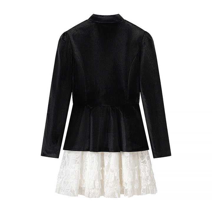 Ladies velvet dress in two-piece look with bow collar, decorative buttons and lace-tiered skirt Mune Fashion
