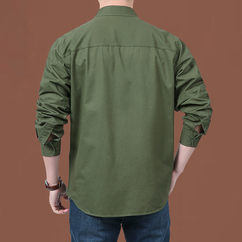 Men's lightweight cotton utility overshirt with two concealed chest pockets and classic Kent collar.