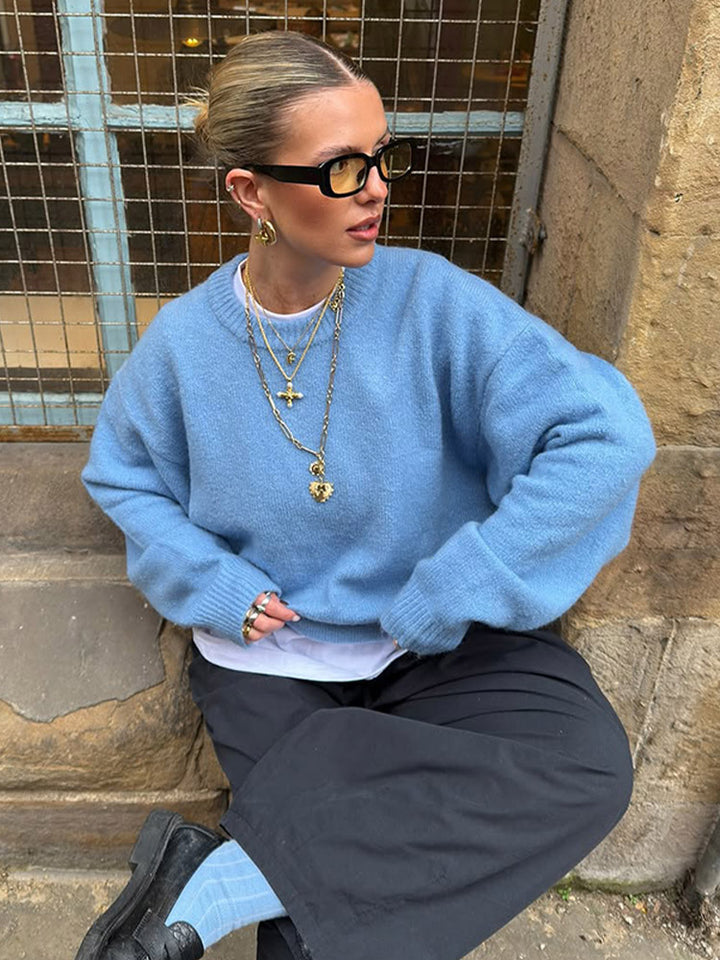 Women Fluffy Boxy Knit Sweater made of Alpaca Mix with Wide Round Neckline Mune Fashion