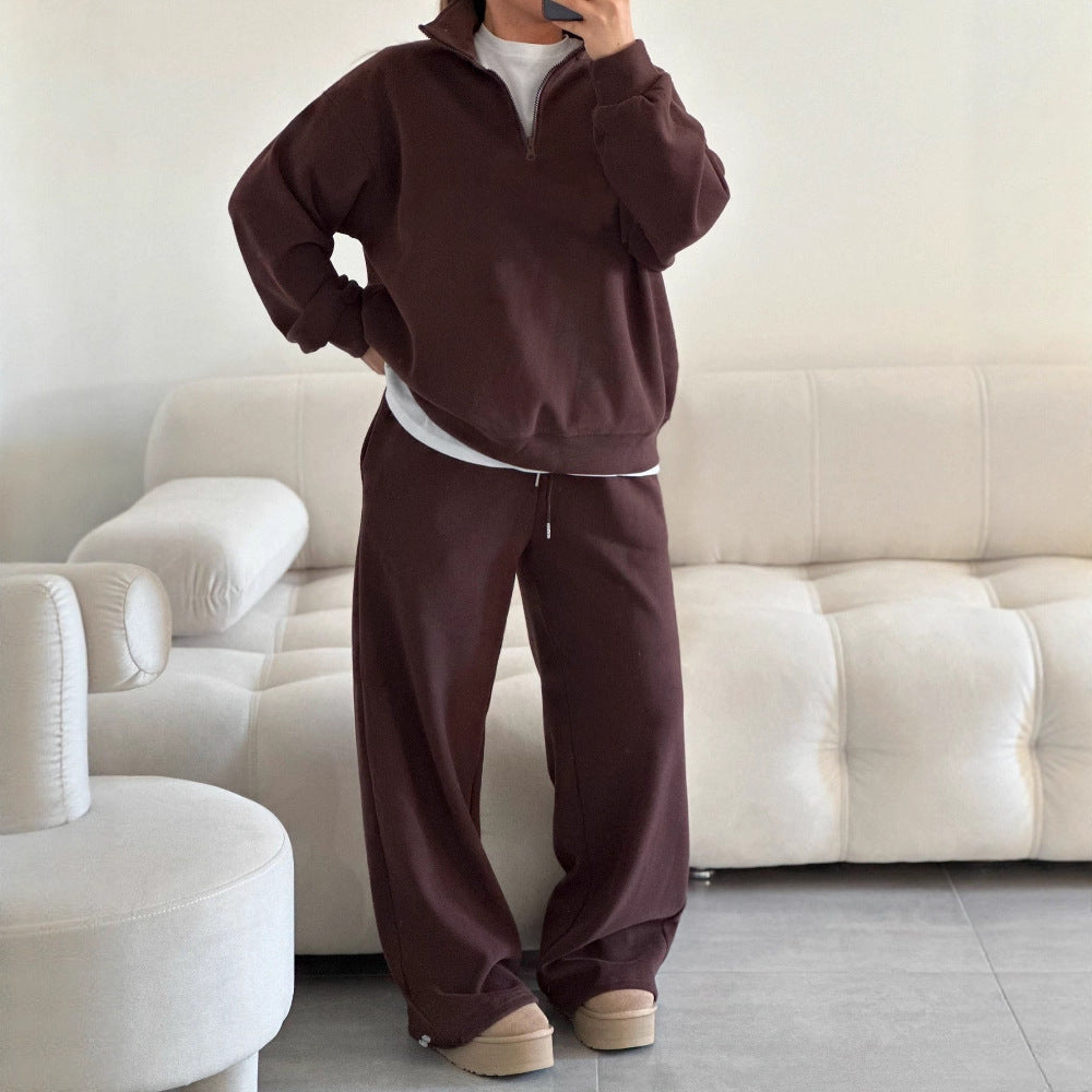 Women nan Oversize Half-zip Pullover with Stand-up Collar and Wide Lounge Pants Set Mune Fashion